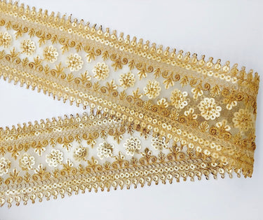 Gold Sequins Trim 2 Yards Decorative Embroidered Lace Sari Border Costume Ribbon Crafting Sewing Tape